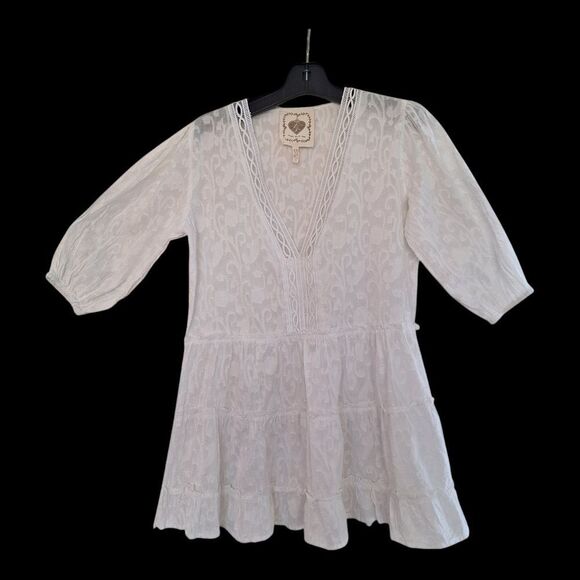 Z&L Europe Boho Tiered Babydoll Dress Oversized S White Cotton Balloon Sleeves - Picture 3 of 16